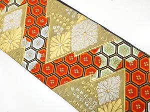 アンティーク　菊菱に亀甲繋ぎ模様織り出し袋帯（着用可）